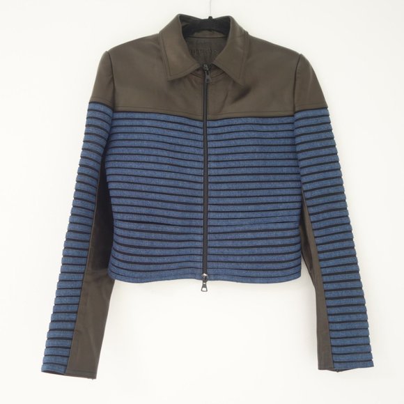 Jitrois Black Leather Jacket With Blue Denim Strap Trim Made In France, Size 38 - Picture 1 of 13